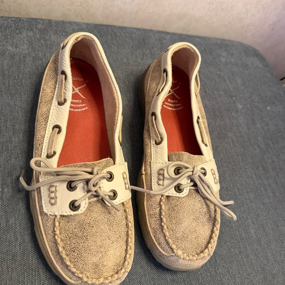Twisted X Womens Driving Mocs Crackle Leather Boat Shoes Tan Cream WDM0001